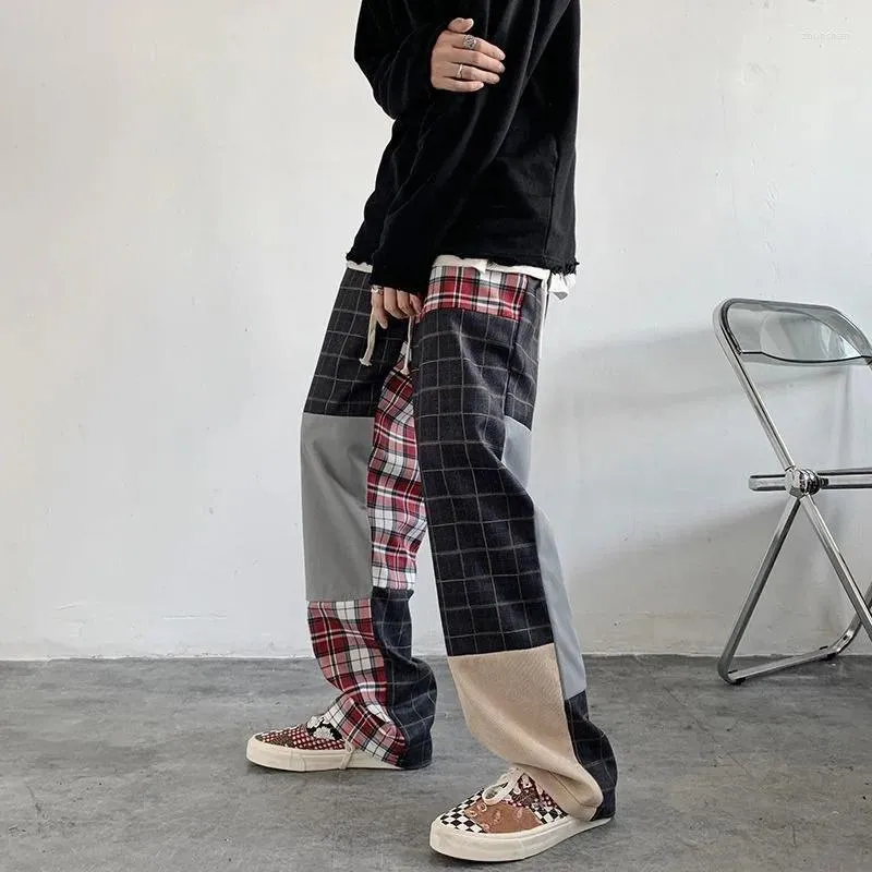 メンズパンツハイストリート格子縞のパッチワークカジュアルメンズスプリング韓国スタイルカラーコリジョンフルレングストレートレッグストリートウェア男性