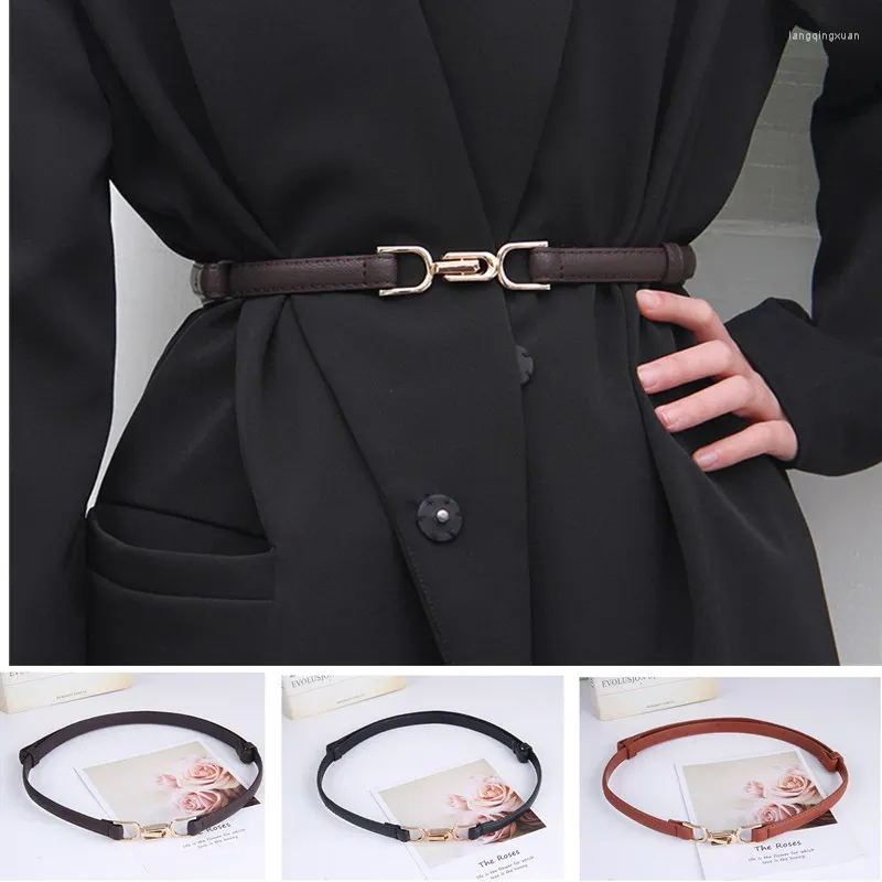 Bälten Kvinnor Thin Golden Buckle Pu Leather Strap For Dress Trousers Casual Black Ladies Belt Enkelt mångsidigt midjeband