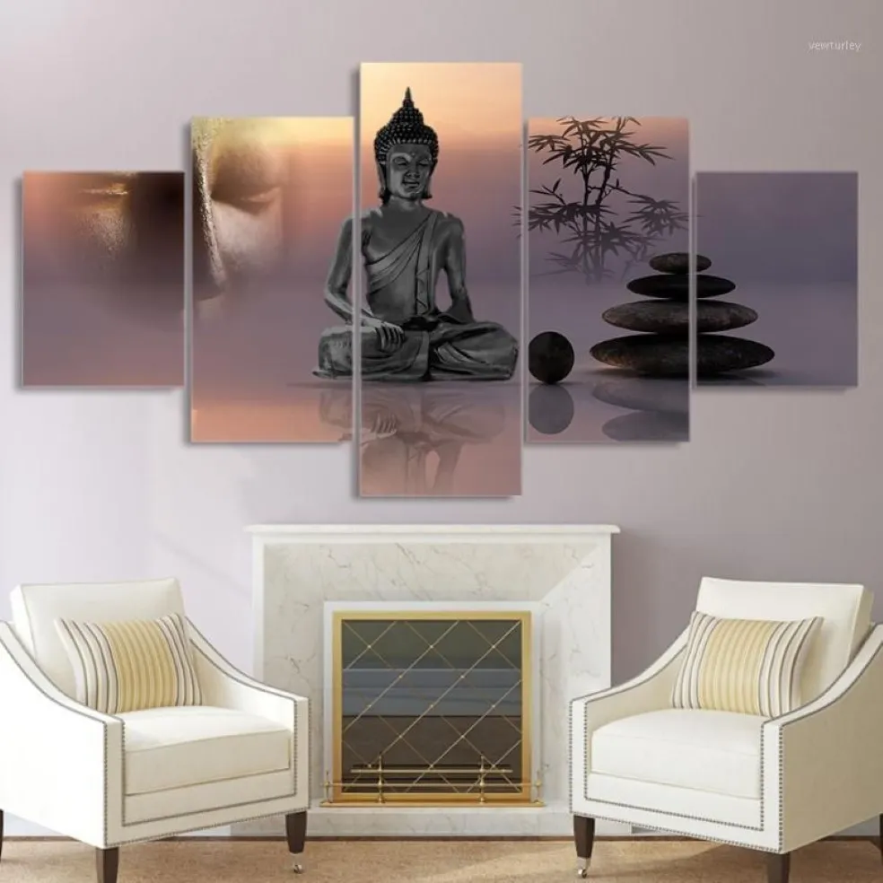 Målningar Moderna HD -tryckta bilder Canvas Målning 5 Panel Zen Buddha Staty Wall Art Home Decoration Framework Poster för LIVIN293J