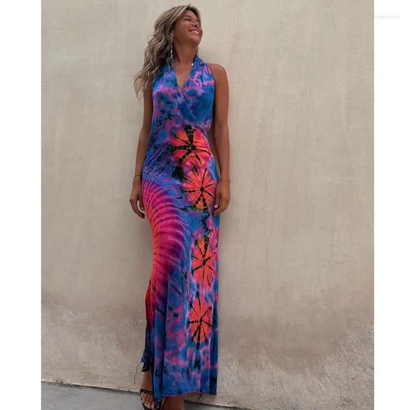 Casual Dresses Summer Women Elegant Print Bohemian Dress Fashion Sleeveless High midje korsett Halter Vacation Long Maxi Streetwear