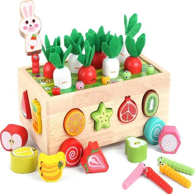 Children's educational Farm fishing shape plucked radish wood Fun baby paired with car toy