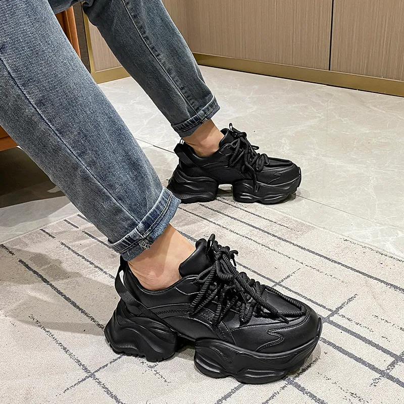 Men Women Chunky Sneakers Casual Shoes Platform Round Toe Thick Sole Lace-Up Ladies Trainers Black White Genuine Leather Synthetic Patchwork Ladies Autumn BB041