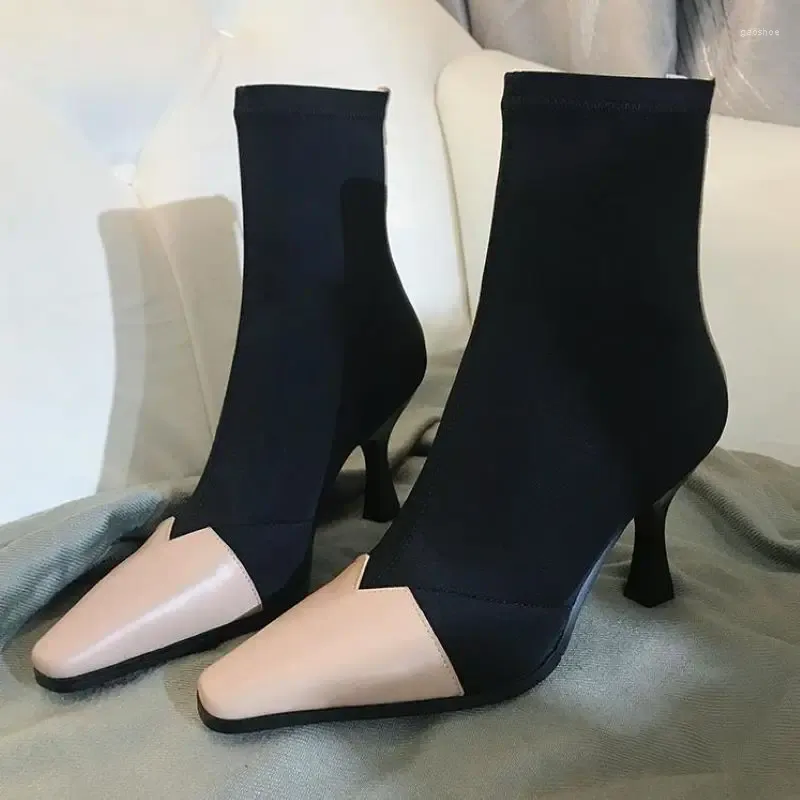 Botas elásticas meias mulheres 2024 outono retalhos apontado dedo do pé tornozelo fino salto alto botas de mujer zíper feminino botines