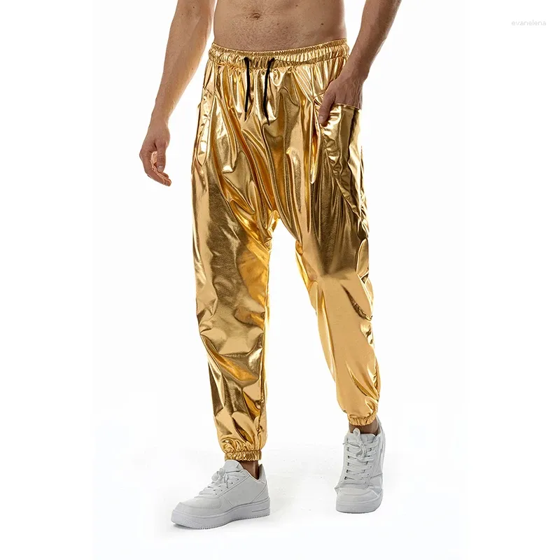 Мужские брюки, модные блестящие золотые металлические спортивные штаны для бега, хип-хоп, повседневные карманные брюки-карго, дискотека, танцевальная вечеринка, фестиваль, выпускной, уличная одежда