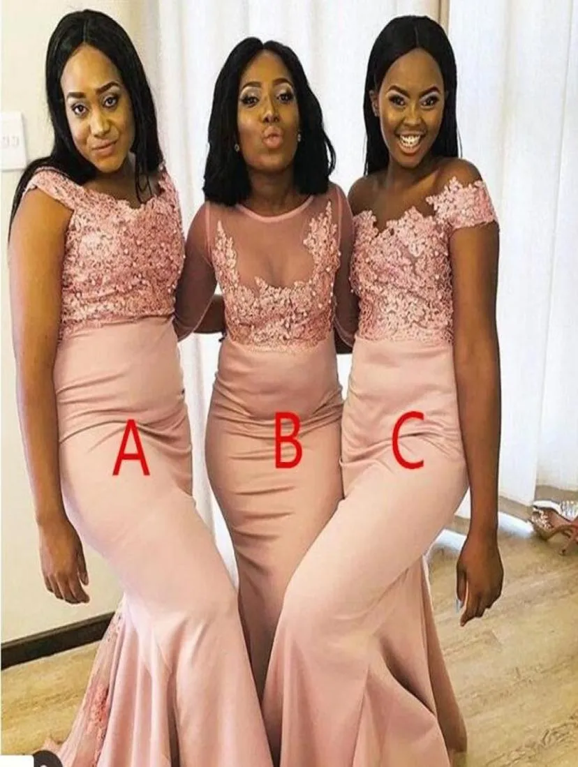2020 Pearl Pink African Modern Black Girls Bridesmaids Dresses Mixed Styles Appliqued Sequined Long Wedding Party Maid of Honor Go9020157