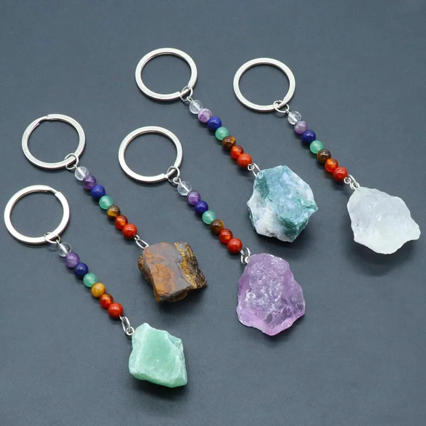 Yoga 7 Chakren Stein-Schlüsselanhänger, bunter natürlicher Edelstein-Schlüsselanhänger, kristallklarer Quarz, Lapis-Amethyst, rauer roher Stein, Schlüsselanhänger