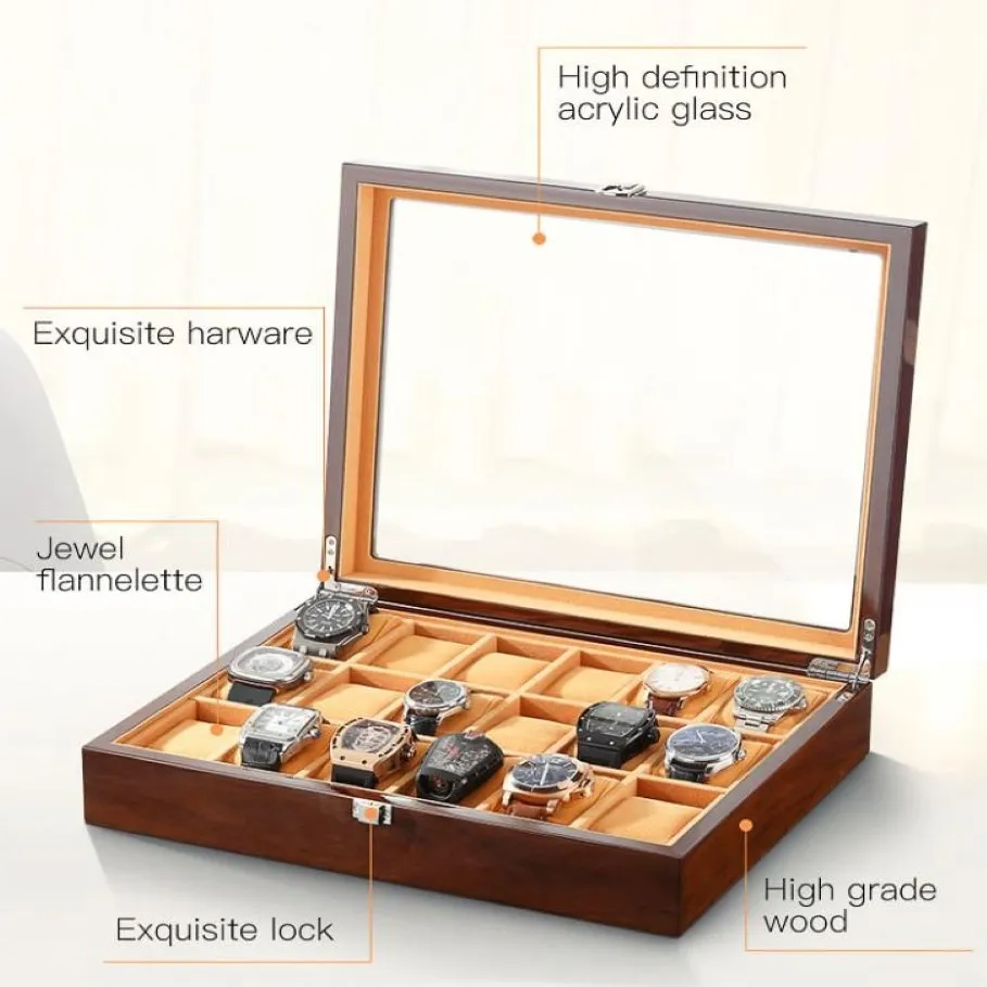 Boîtes de rangement de montres à 18 grilles, boîte d'exposition de montres en bois, étui et emballage de lunettes, organisateur de bijoux en peluche brune, fenêtre 218r