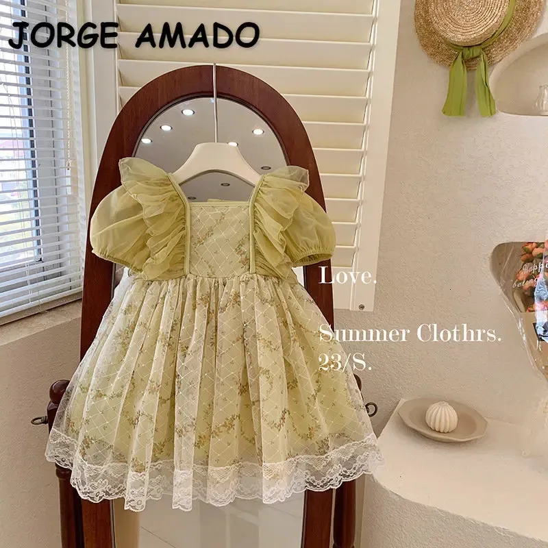 Sommer-Prinzessin-Kleid, runder Kragen, Puffärmel, koreanischer Stil, Baby-Party mit grüner Blumenspitze für Kinder E2011 240301