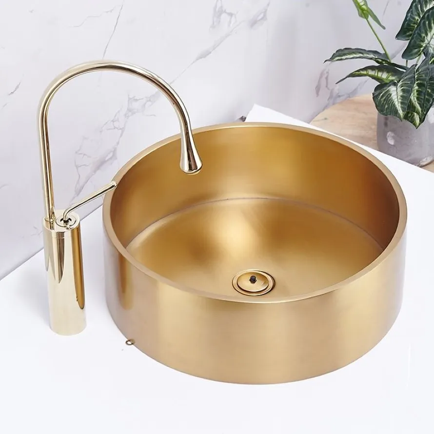KTV WashBasin el Villa Art Basin Round Above Counter Basin Bathroom Sink Bowl Small Size Gold 304 Stainless Steel Wash Basin212p