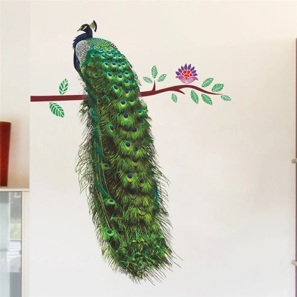 Påfågelfjädrar på grenvägg klistermärken 3D levande djur väggdekaler hem dekor konst dekal affisch djur vardagsrum dekor286r