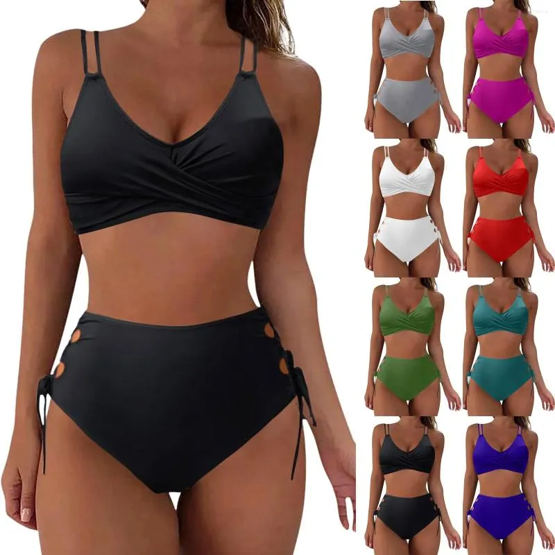Kvinnors badkläder Kvinnor Hög midja Bikini Set Sexig Push Up Two Piece Baddräkter Solid Color Ruched Swimsuit Beachwear Bathing Suit