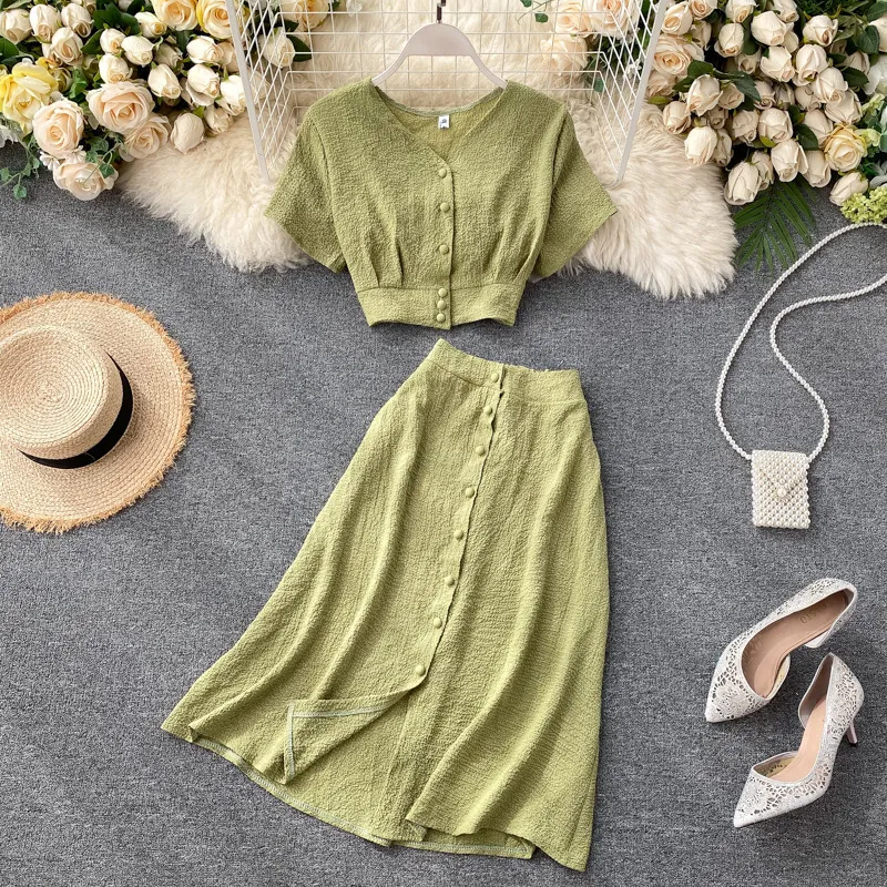 Short Design Front Buttons Tops And Long Skirt 2pcs Dress Solid Color Side Open Blouse