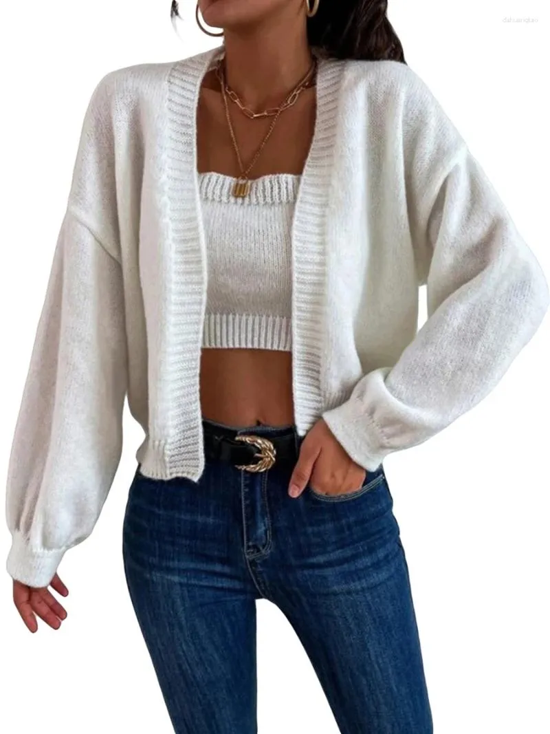 Women's T Shirts Women Autumn Cardigans Casual Solid Color Long Sleeve Open Front Loose Fit Sweater With Knit Cami Tops