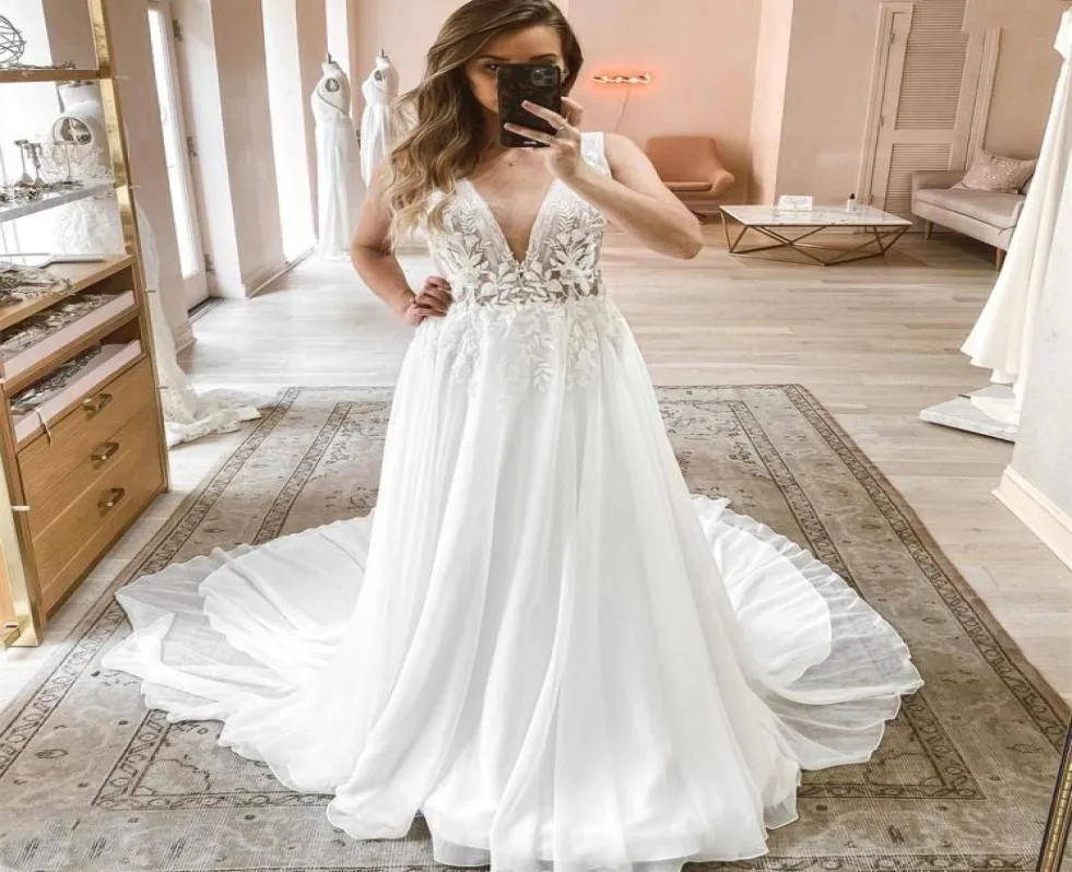 Abito da sposa principessa Manica con scollo a V Boho Rustico Civile Lunghezza pavimento Sweep Train Chiffon Robe De Mairee Affascinante per le donne3268511