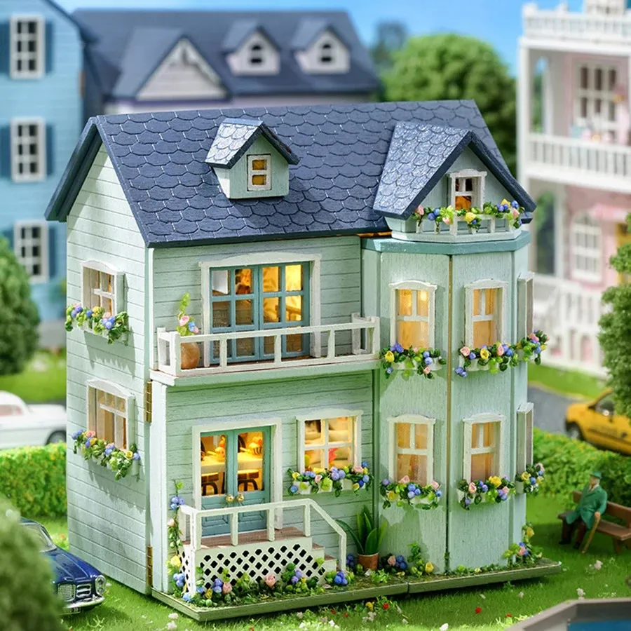MINI ASSETMIST MODEL Zestaw architektury Villa ręcznie robione 3D Puzzle DIY DOUK DOBY DOM KREATYWNY Pokój Dekoracja sypialni z meblem 240304