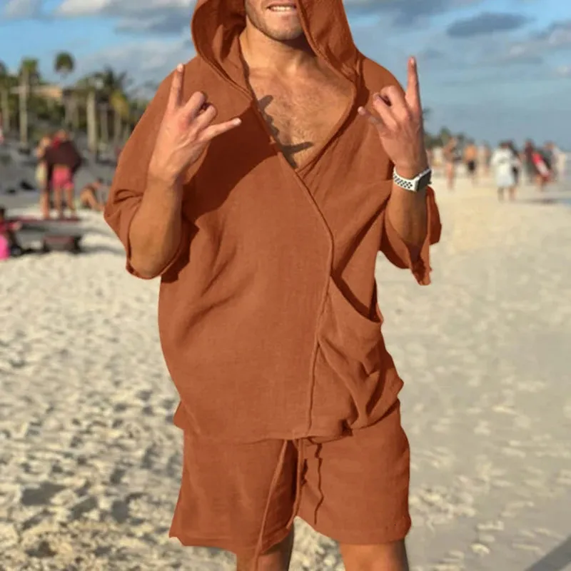 Lazer férias praia de duas peças masculino casual cor sólida algodão linho hoodie conjunto verão masculino com capuz topo e shorts conjunto 240311