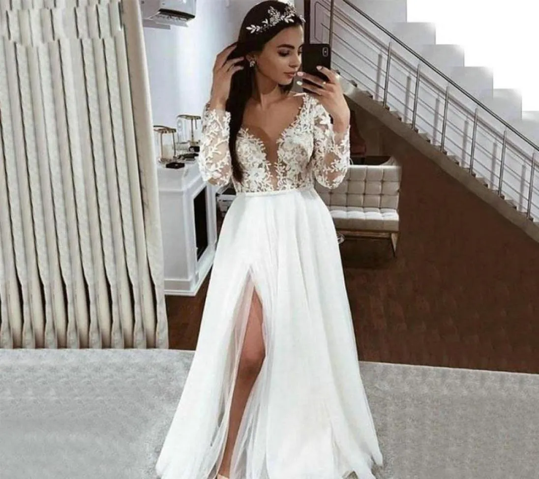 Elegante boho branco vestidos de casamento manga longa rendas apliques fenda lateral vestido de noiva até o chão praia vestido de casamento9753560