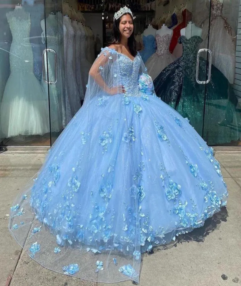 Vintage Baby Blue 3D Floral Flowers Quinceanera Dresses 2021 Mexican with Cape Robe Corset Ball Gown Vestido De 15 Sweet5643504