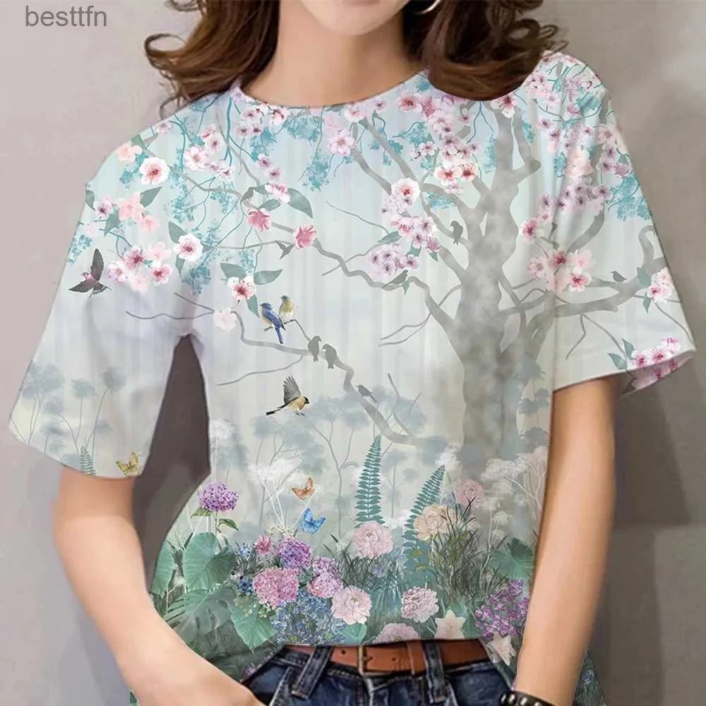 T-shirt Femme Fleur 3D Imprimer T-shirts Streetwear Femmes Floral Casual Mode Surdimensionné O-Cou Court Sle T-shirt Y2K Fe Girl Tops Tees 240311