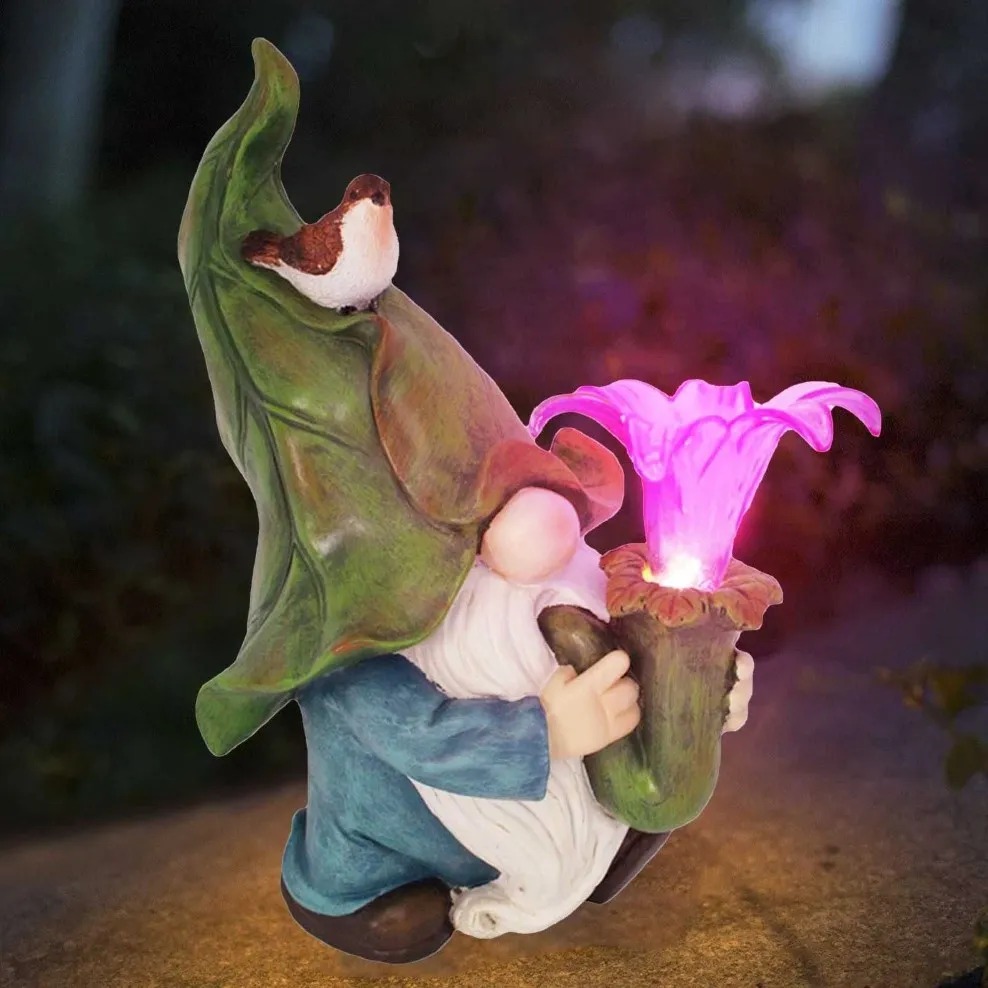 الفنون الحرفلق مضحك راتنج شقي مع شمسية LED LED Garden Dwarf تمثال الديكور فيلا المنزل decoartion289b