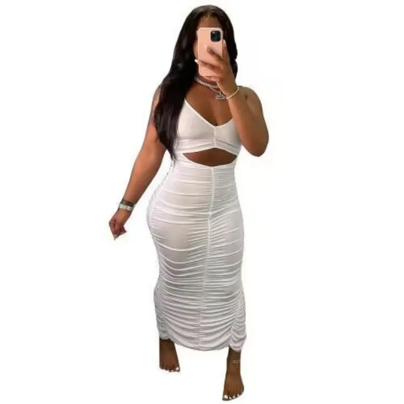 Casual Jurken Hirigin Vrouw Uitgesneden Geplooide Maxi-jurk Halter Kanten Ruglooze Ruches Slanke Elegante Zoom Split Effen Sexy Feest Midi