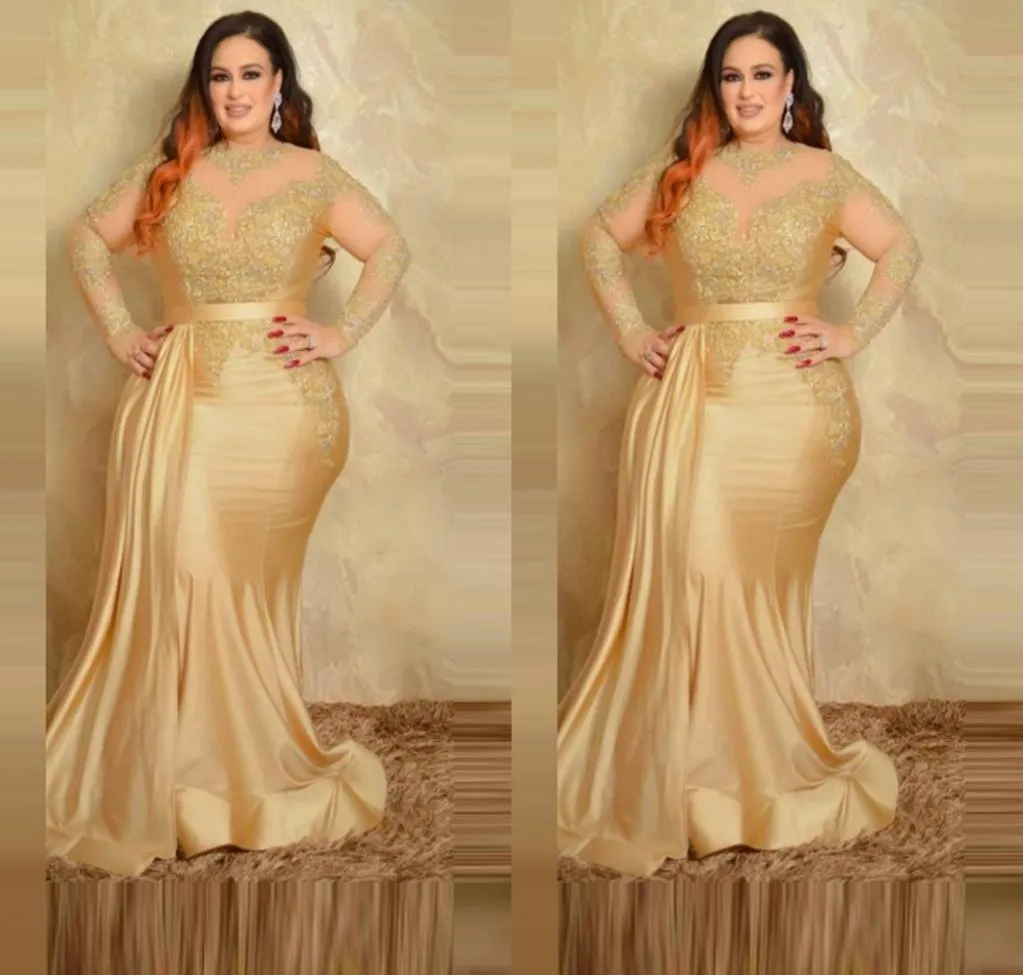 2023 Sexy Plus Size Formele Avondjurken Elegant Met Lange Mouwen Gouden Kant Hoge Hals Schede Speciale Gelegenheidsjurk Moeder Van T5063134