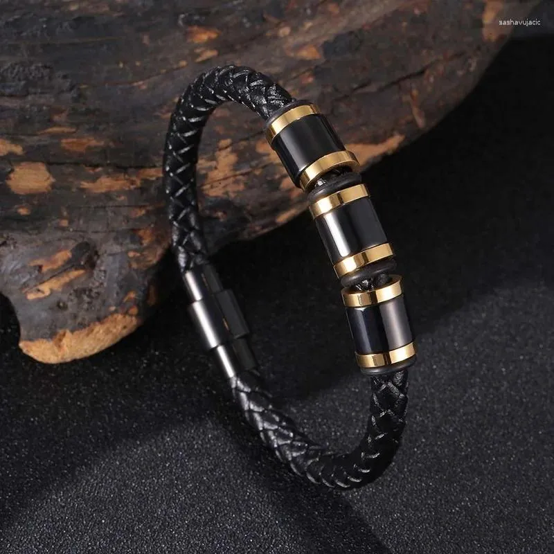 Charm Bracelets Luxury Stainless Steel Black Braided Leather Cord Bracelet Men Jewelry Fashion Male Bangles Wrist Band For Boyfriend Gift