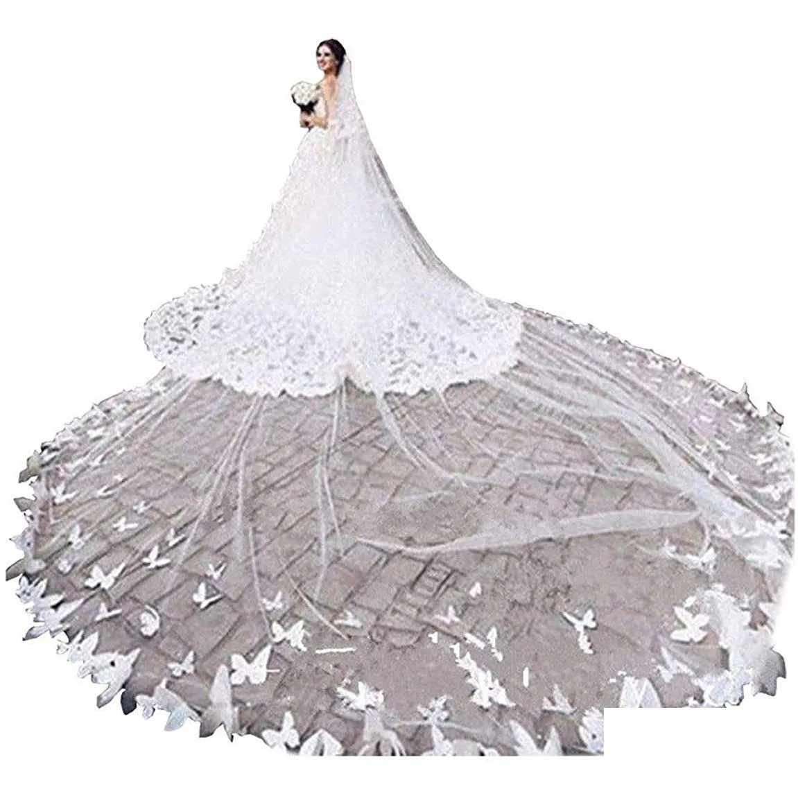 Bridal Veils 2 Tier Cathedral Wedding 3D Butterfly -applikationer för brudkam elfenben Två spetsar med Comb310J Drop Delivery Party -evenemang DHM9P