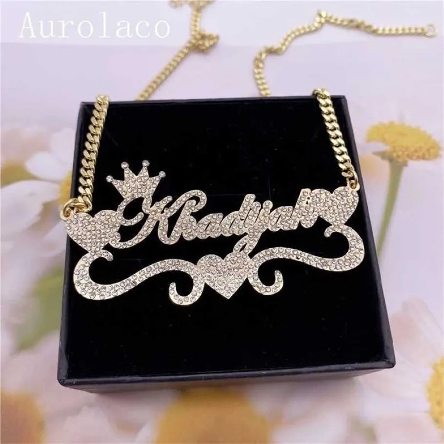 AurolaCo Aangepaste naamketting met diamanten bling roestvrij staal gouden plaat voor vrouwen cadeau 220119267E