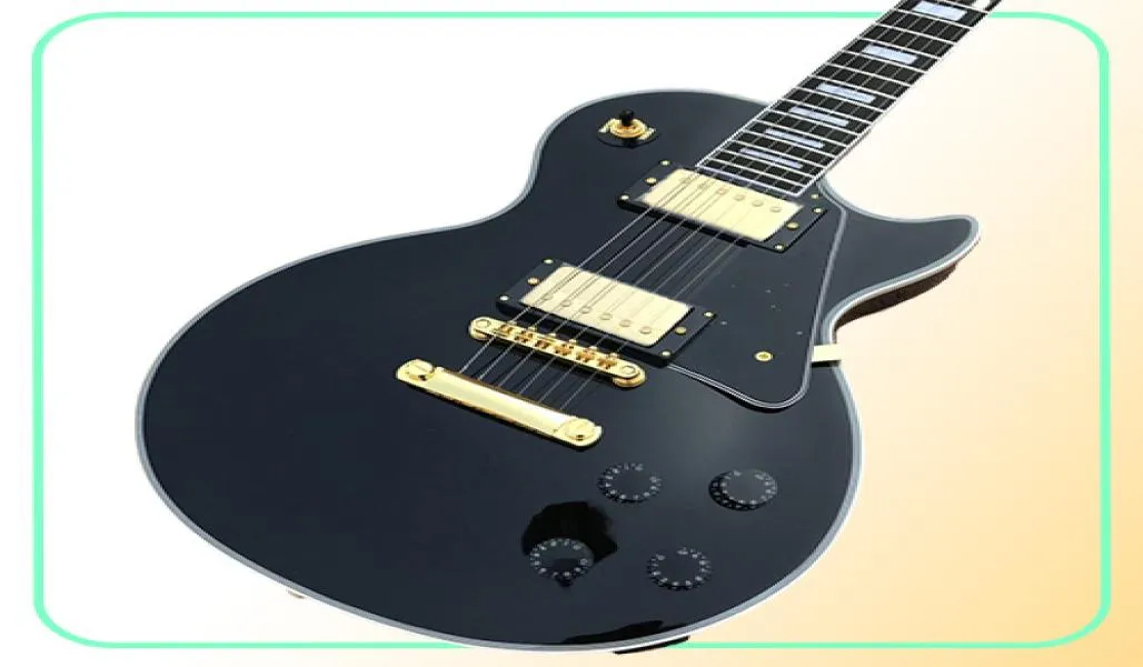 Tienda personalizada Black Beauty Gloss Black Chibson Guitarra eléctrica Diapasón de ébano Encuadernación de trastes Hardware dorado En stock Envío Q9150543