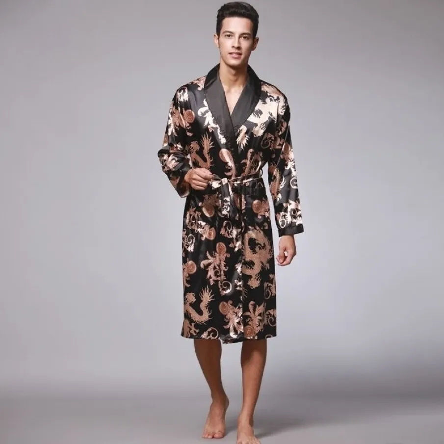 Men Silk Summer and Autumn Satin Kimono Bathrobe Golden Dragon Knee Length Long Sleeve Black Bath Robe Dressing Gown Sleepwear Y20222s