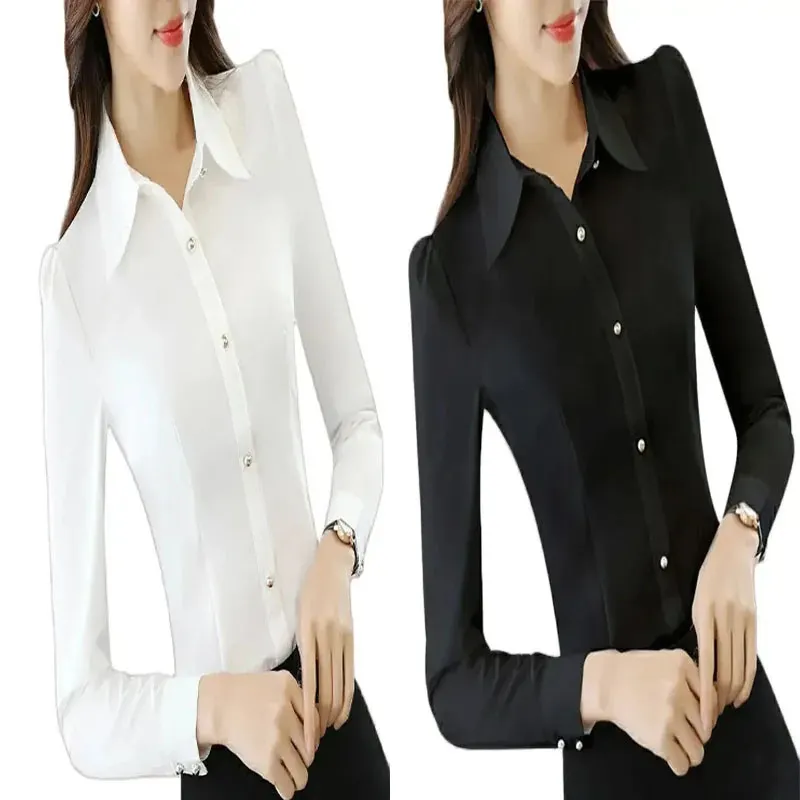 Long Sleeve White Blouse Shirt for Women 2024 Korean Elegant Button Oversized Office Lady Formal Work Black Top 240301