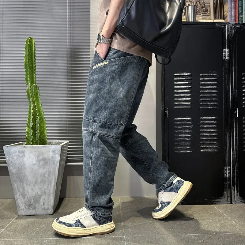 Calça jeans masculina folgada, tubo reto, perna larga, casual, moda retrô harlan, roupas masculinas, bottoms 40