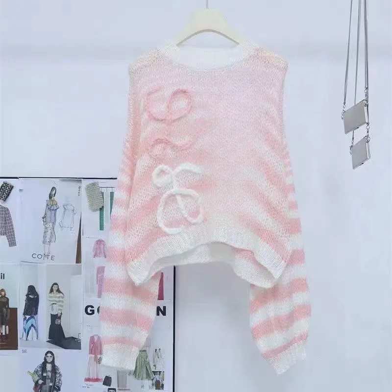 Pullover Damen Designer Pullover Mode Jacquard Mohair Pullover Strickwaren locker Rundhals Langarm Strickoberteil_voghion.com