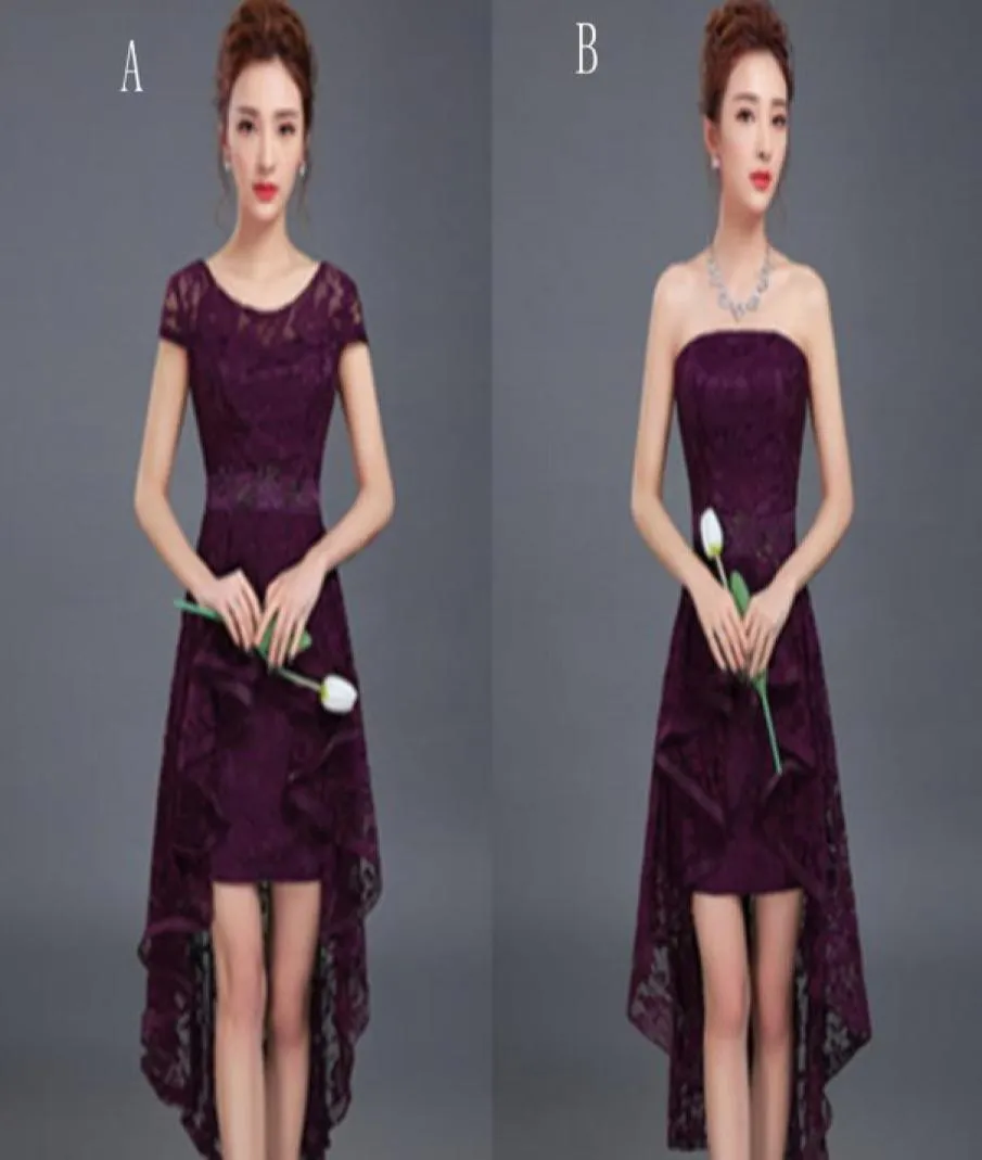 Renda romântica alta baixa vestido de dama de honra rendas até roxo 2017 elegante vestido de festa curto frente longa back6255389