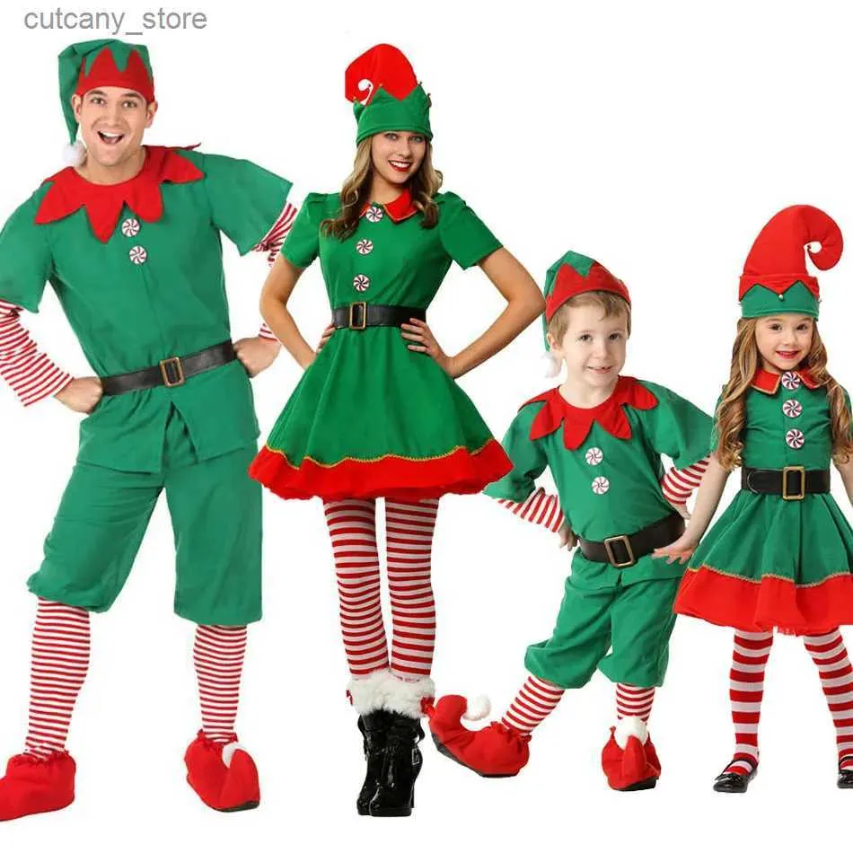 T-shirts 2022 Newbaby Christmas Clothes Boy Girl Elf Xmas kläder Set Unisex Green Red Party Tops Pants Hat Belt Outfit Cosplay Costume L240311