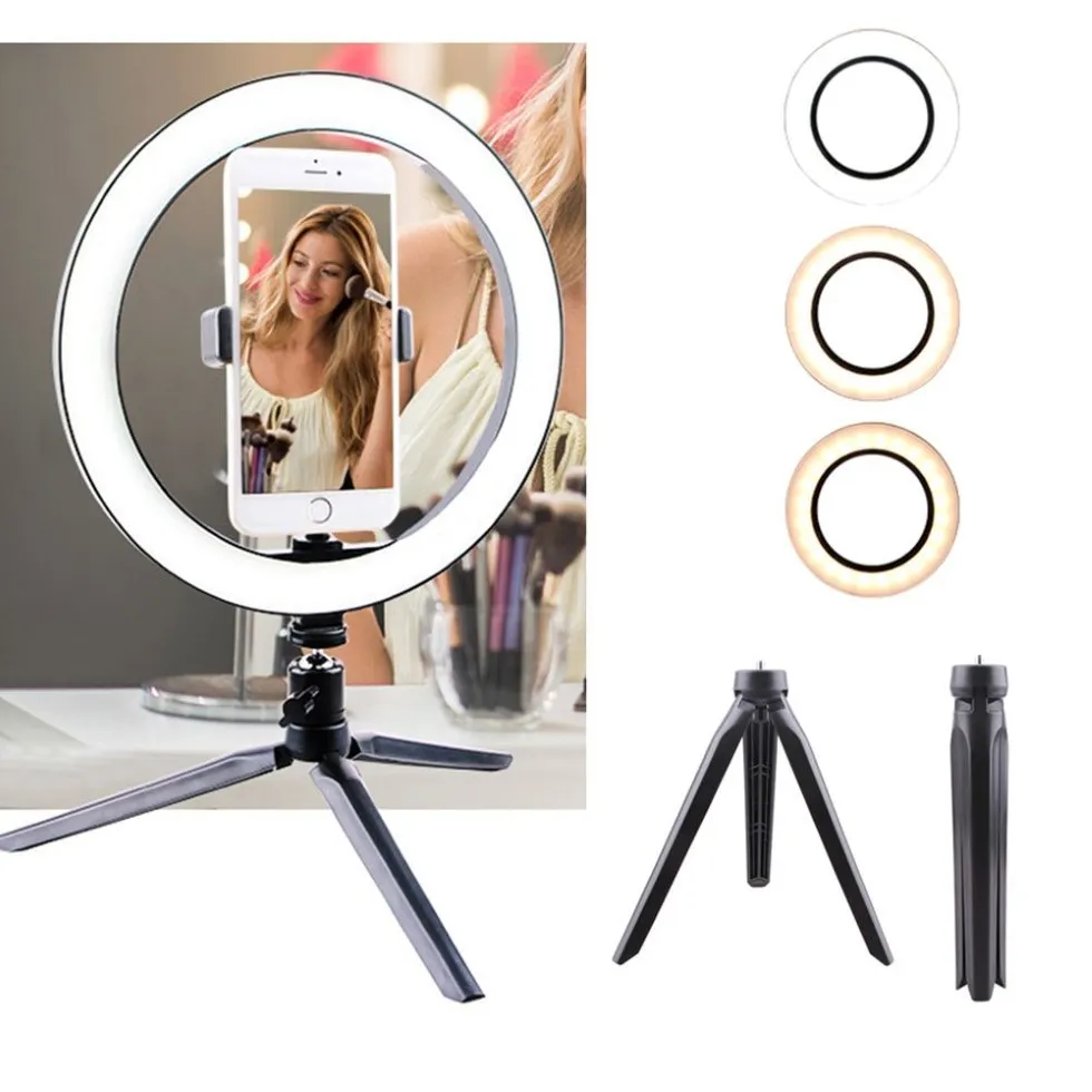 Anel de luz led para selfie de 12w, luz regulável de 260mm para câmera e telefone, luz de preenchimento com tripés de mesa, suporte para telefone t200115302i