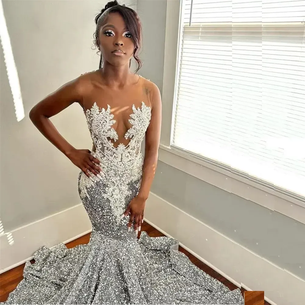 Sier Mermaid Prom Dresses Sequin Sheer Neck... From Babynice666, $166. ...
