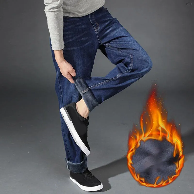 Calça masculina masculina parte masculina calça térmica neve lã de pelúcia de pelúcia quente alinhada de perna lisa jean