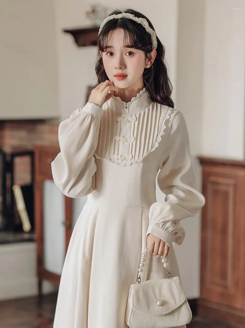 Casual Dresses Apricot Sweet Vintage Dress Chinese Style Lace Stand Neck Cute Elegant For Women Spring Long Sleeved Vestidos