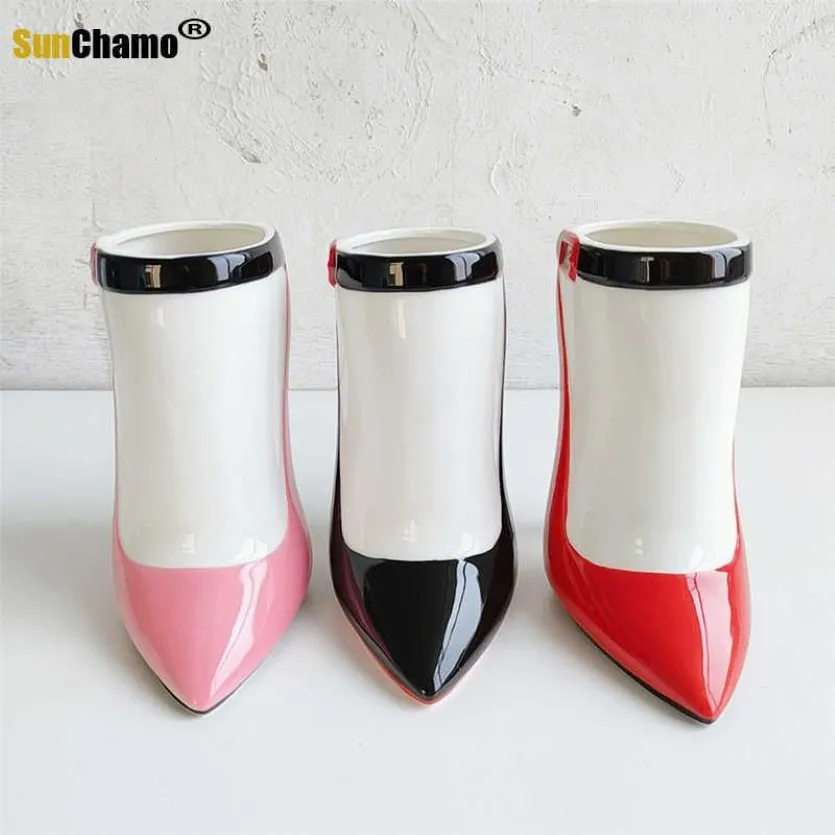 Вазы Керамическая ваза Креативная обувь на высоком каблуке Цветочная композиция Розовая девушка Цветочное украшение Персонализированный подарок T221205158D