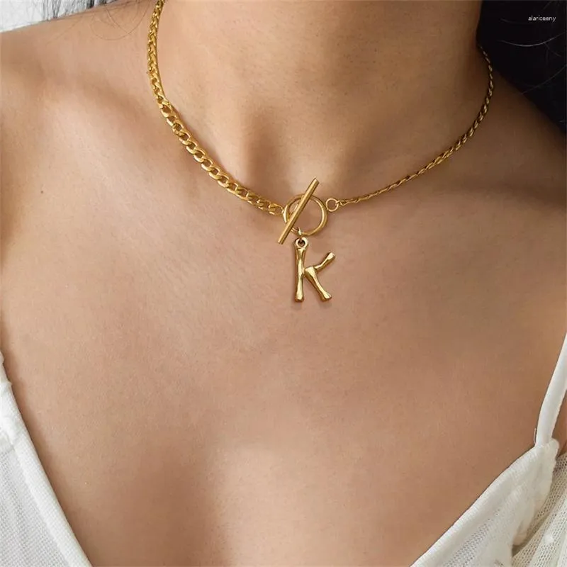 Pendant Necklaces Bamboo A-Z Initials Necklace Women Fashion Stainless Steel 4mm Width Figaro Chain for Jewelry Gift