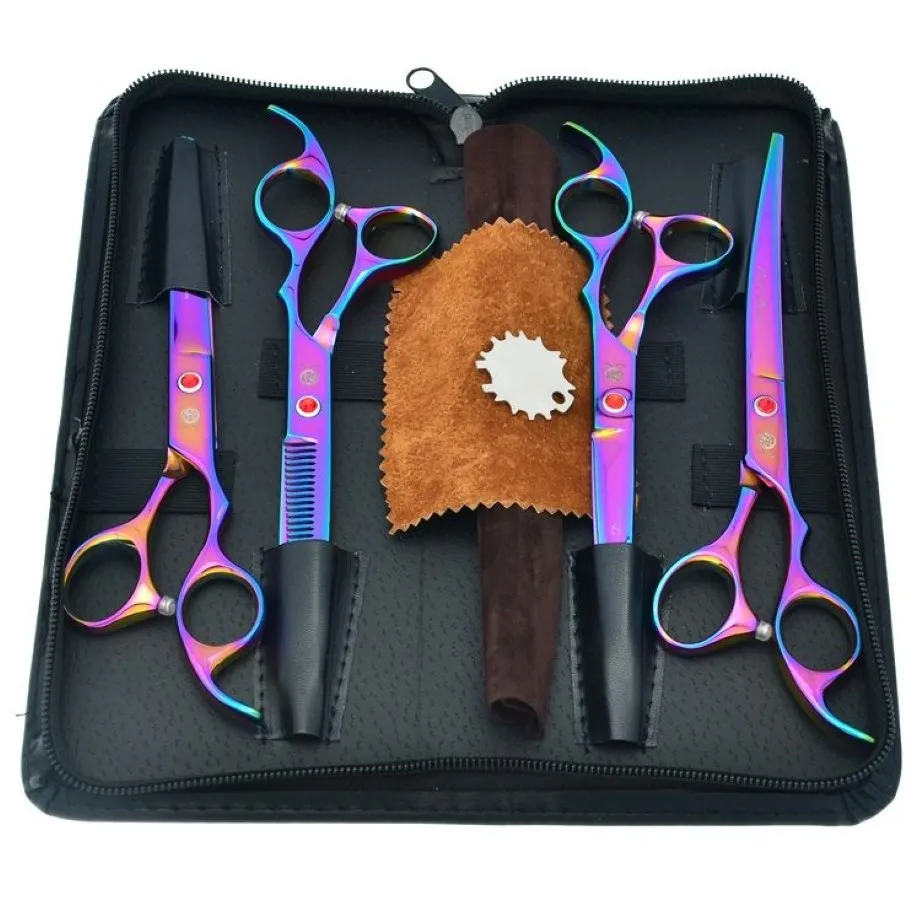7 0Inch Purple Dragon Cutting Scissors & Thinning Scissors Curved Shears Stainless Steel Pet Scissors for Dog Grooming Tesoura Pup199A