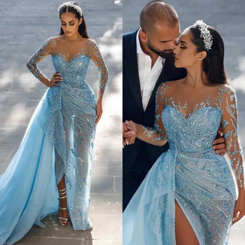 Plus Size African Arabic Black Mermaid Ice Blue Prom Dress With Long Sleeves Lace Applique Split Side And See Through Design BC From Missbeautydress 292.2 DHgate.Com
