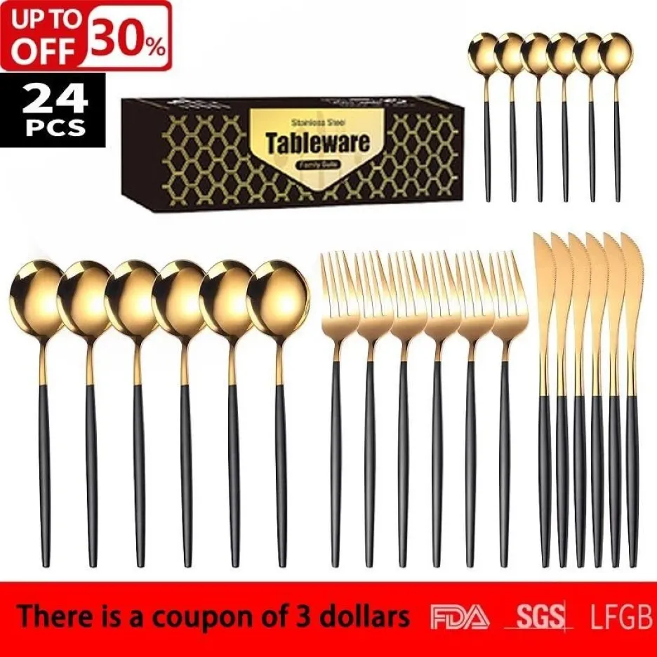 Dinnerware Sets 24Pcs Cutlery Set Stainless Knife Fork Spoon Flatware Steel Gold Color Dishwasher Gift Box Kitchenware2724