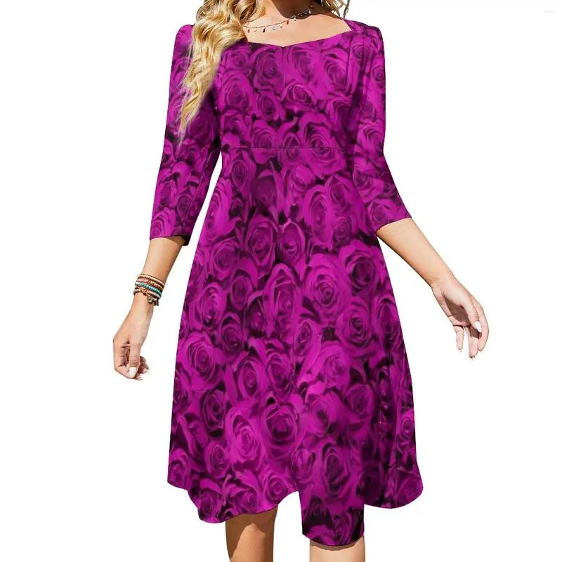 Casual Dresses Pink Rose Floral Dress Ladies Flowers Print Street Style Festival With Bow Summer Big Size Vestido