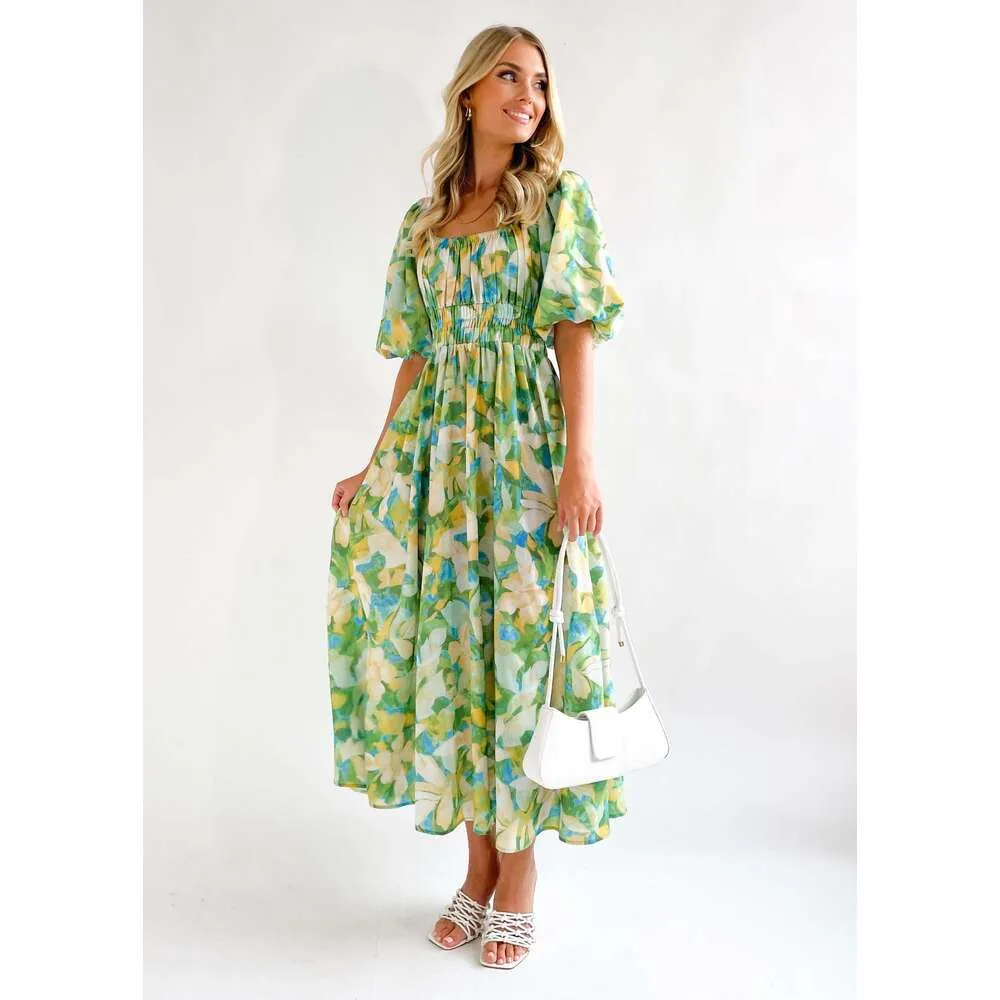 Seline Midi Dress - Green Flor