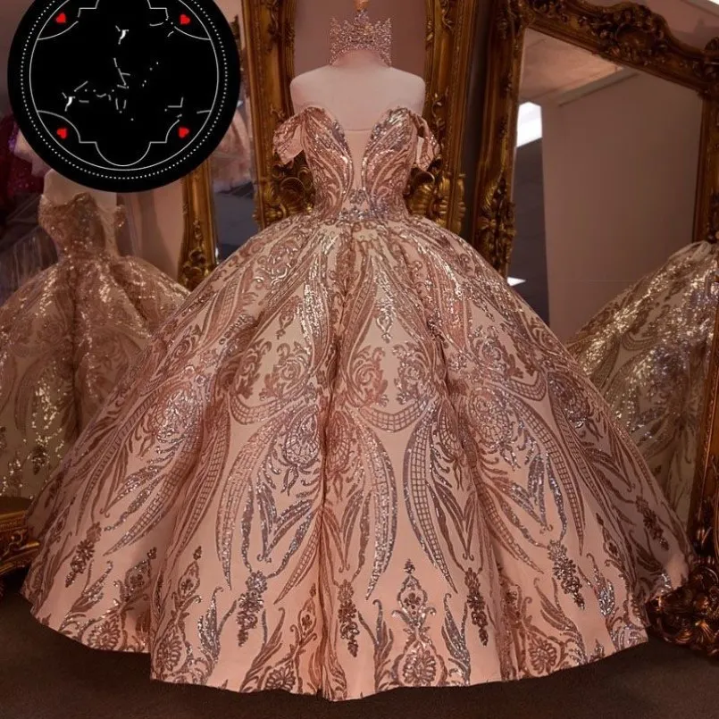 روز الذهب الترتر الزنبرك quinceanera فساتين قبالة الكتف Ruched منتفخ تنورة حلوة 16 فستان Vestidos de 15 a os219t