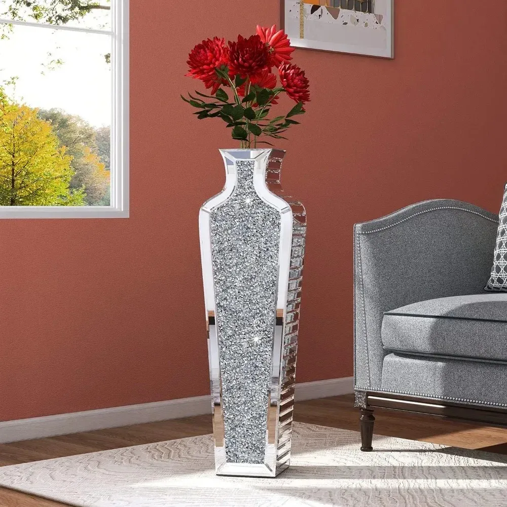 背の高い砕いたダイヤモンド床の花瓶装飾用の大きな銀色の鏡の花瓶リビングルームの装飾家の装飾268インチ240306