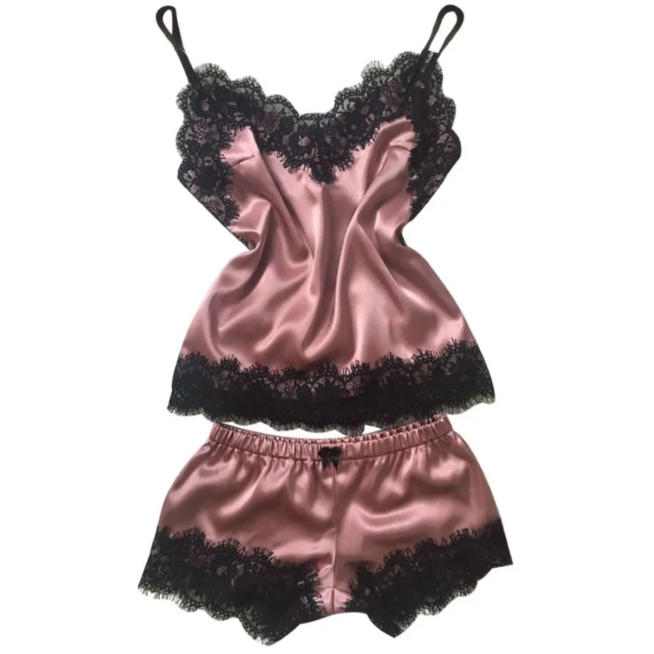 2018 Vêtements de nuit pour femmes Babydoll Lingerie Sexy Satin Pyjama Ensemble Noir Dentelle Col En V Pyjama Sans Manches Mignon Cami Top et Sho274q